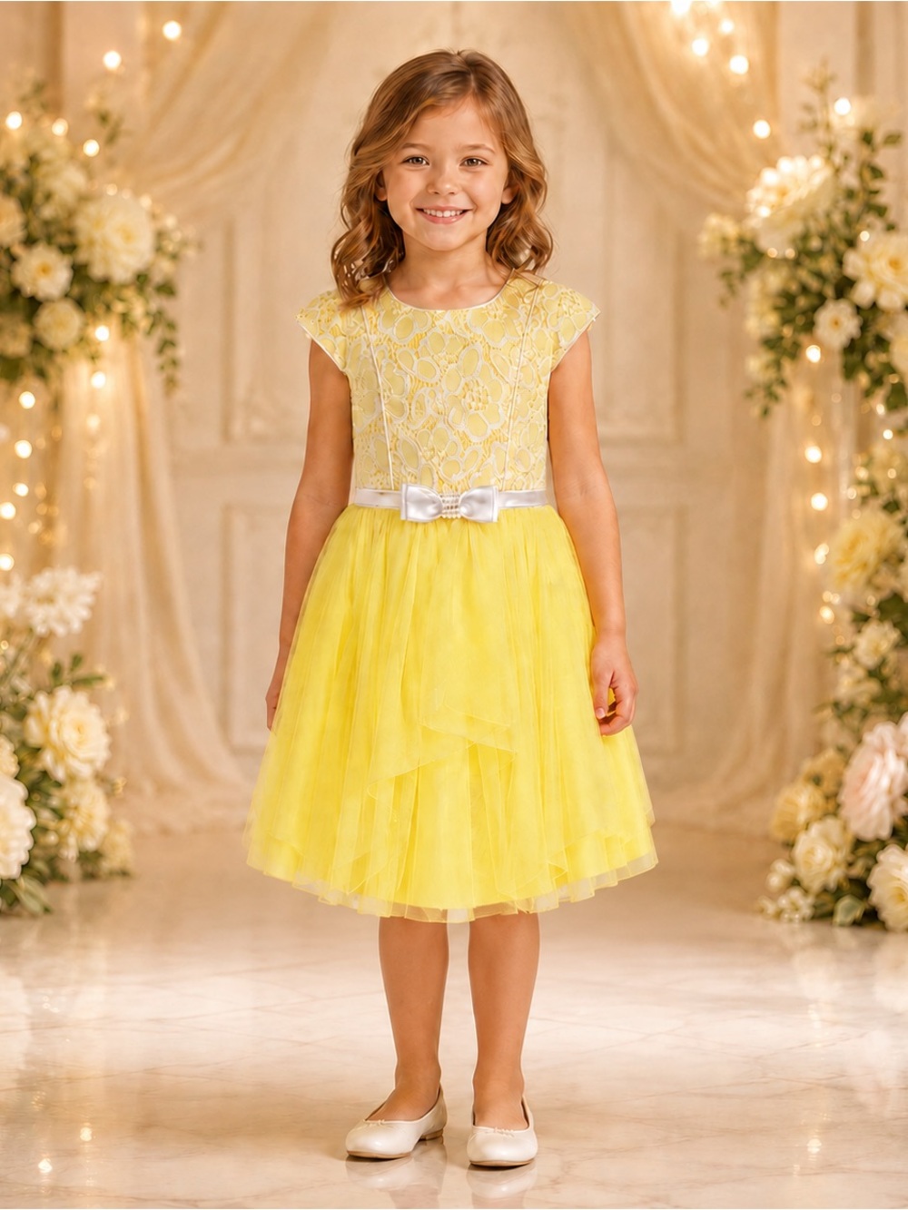 Jona Michelle Girls Size 6 Yellow Lace Tulle Hi-Low Formal Dress